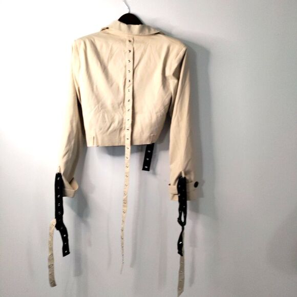 Akira Women M Taupe Crop Trench Jacket Black/Taupe Studded Straps NWT MSRP $80 - Picture 4 of 10